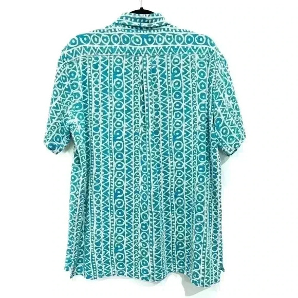 Vintage LL Bean Teal Cream Geometric Pattern Short Sleeve Button Down Shirt L - Picture 7 of 7